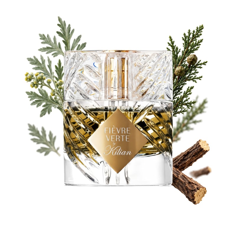 Fièvre Verte by By Kilian, bottle pictured with its key notes: Wormwood, Cypress and Licorice