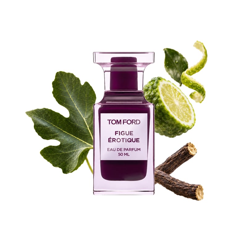 Figue Érotique von Tom Ford, Flakon mit seinen Hauptnoten: Feigenblatt, Bergamotte und Lakritz