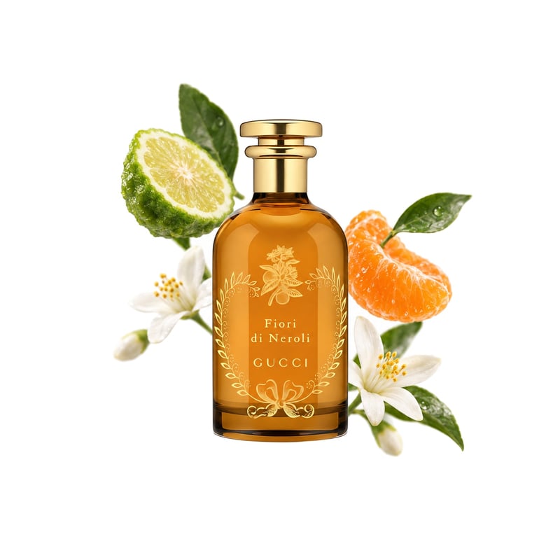 Fiori di Neroli by Gucci, bottle pictured with its key notes: Bergamot, Mandarin and Orange Blossom