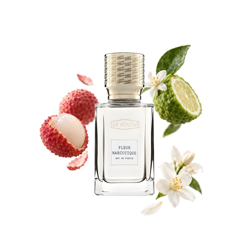 Fleur Narcotique by Ex Nihilo, bottle pictured with its key notes: Lychee, Bergamot and Jasmine