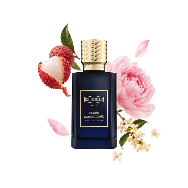 Fleur Narcotique Extrait d’Ex Nihilo, flacon entouré de ses notes clés : Litchi, Osmanthe et Pivoine