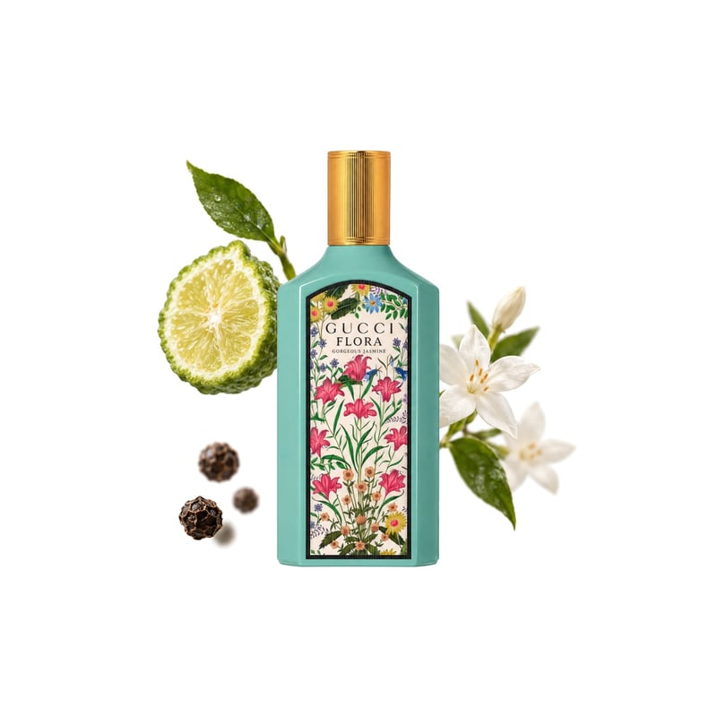 Flora Gorgeous Jasmine von Gucci, Flakon mit seinen Hauptnoten: Bergamotte, Schwarzer Pfeffer und Jasmin