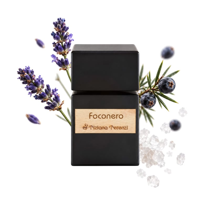 Foconero by Tiziana Terenzi, bottle pictured with its key notes: Blue Lavender, Juniper and Salt