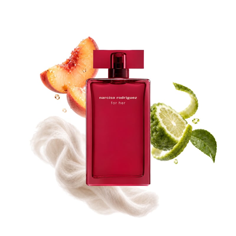 For Her Eau de Parfum Intense by Narciso Rodriguez, bottle pictured with its key notes: Peach, Bergamot and Musk