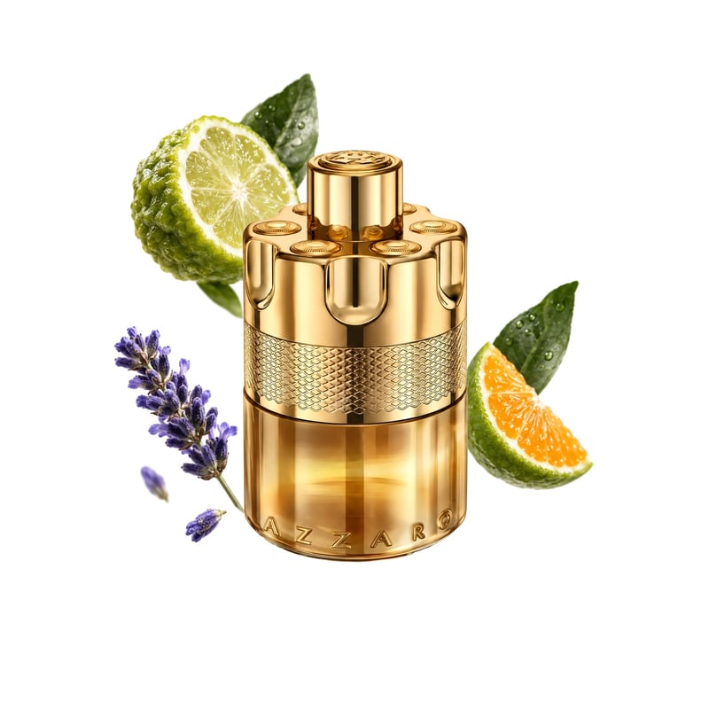 Forever Wanted Elixir by Azzaro, bottle pictured with its key notes: Bergamot, Green Mandarin and Blue Lavender