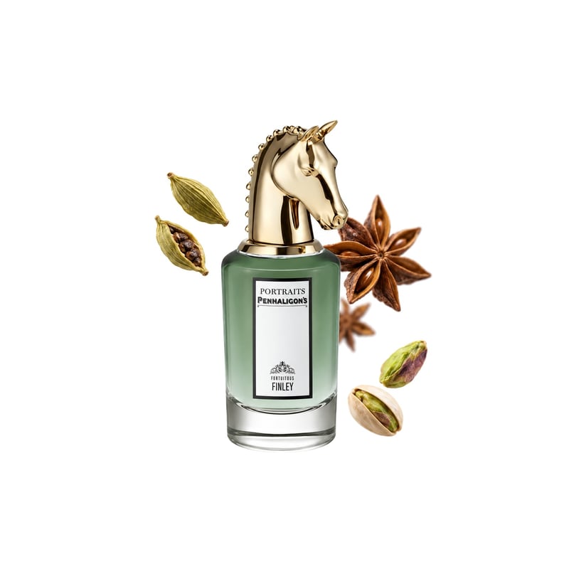 Fortuitous Finley by Penhaligon's, bottle pictured with its key notes: Cardamom, Star Anise and Pistachio