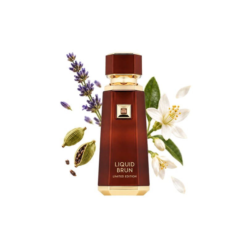 Liquid Brun Limited Edition by French Avenue, bottle pictured with its key notes: Cardamom, Lavender and Orange Blossom