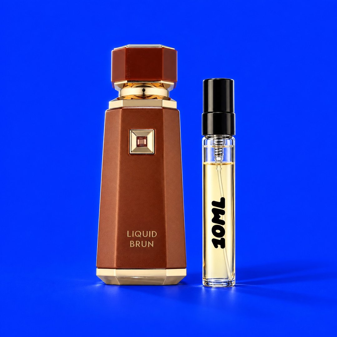 10 ml decant of Liquid Brun by French Avenue next to the original bottle