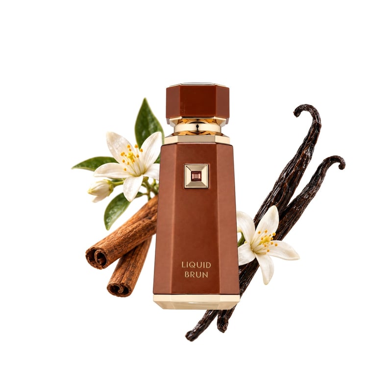 Liquid Brun by French Avenue, bottle pictured with its key notes: Cinnamon, Orange Blossom and Bourbon Vanilla