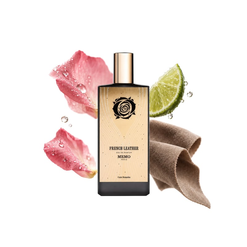 French Leather by Memo Paris, bottle pictured with its key notes: Rose Water, Lime and Suede