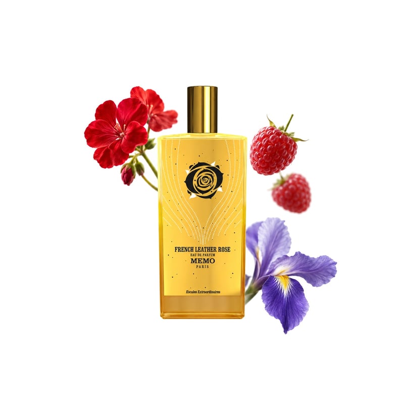 French Leather Rose by Memo Paris, bottle pictured with its key notes: Geranium, Raspberry and Iris