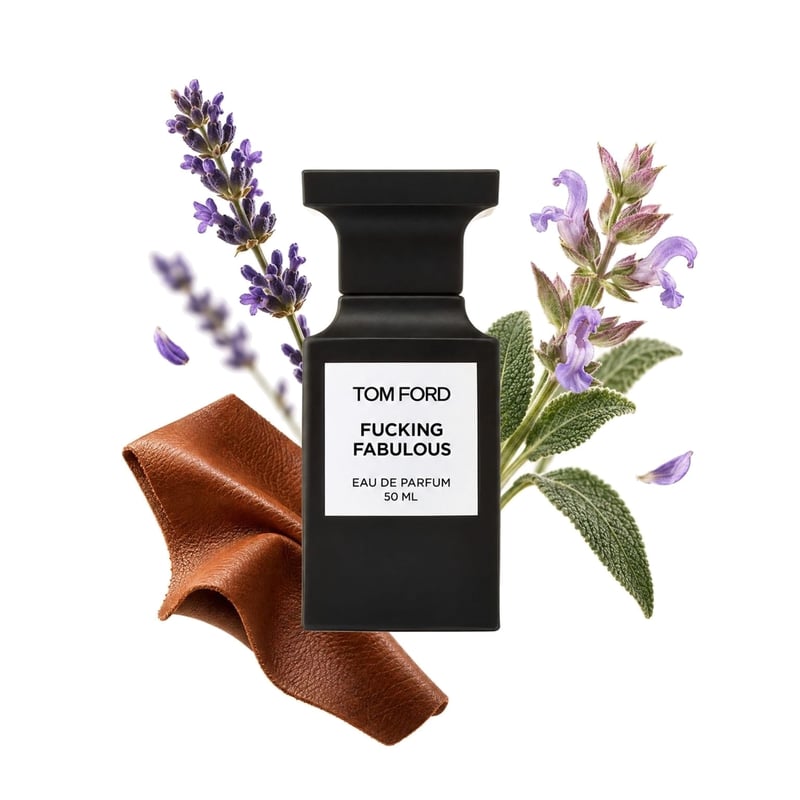 Fucking Fabulous by Tom Ford, bottle pictured with its key notes: Lavender, Clary Sage and Leather