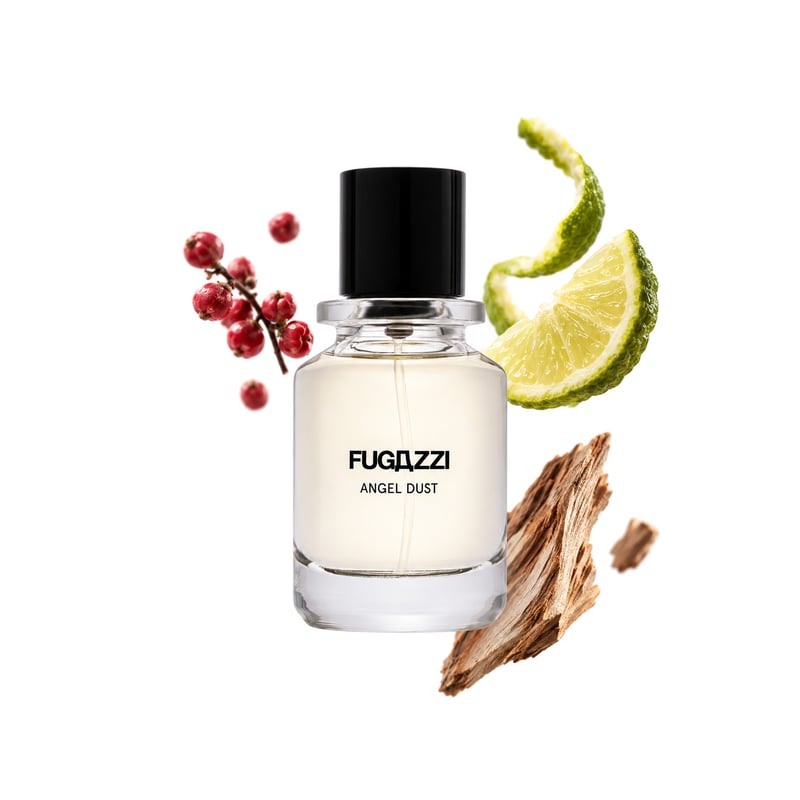 Angel Dust Extrait by Fugazzi, bottle pictured with its key notes: Pink Pepper, Calabrian Bergamot and Cashmere Wood
