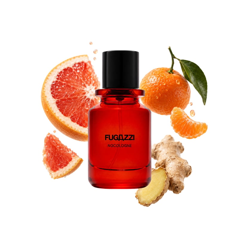 NoCologne by Fugazzi, bottle pictured with its key notes: Grapefruit, Mandarin Orange and Ginger