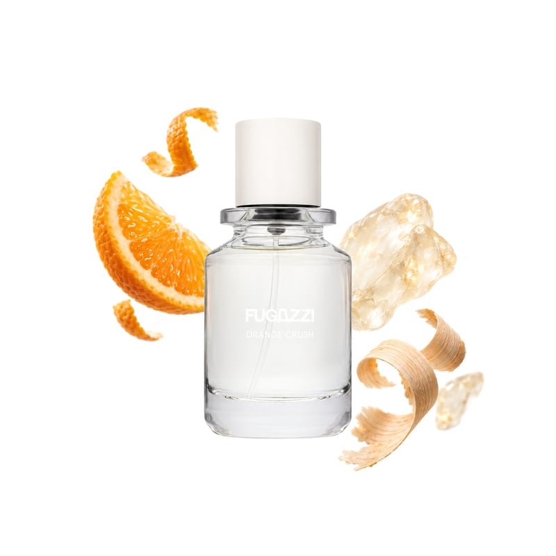 Orange Crush by Fugazzi, bottle pictured with its key notes: Orange, White Amber and Iso E Super
