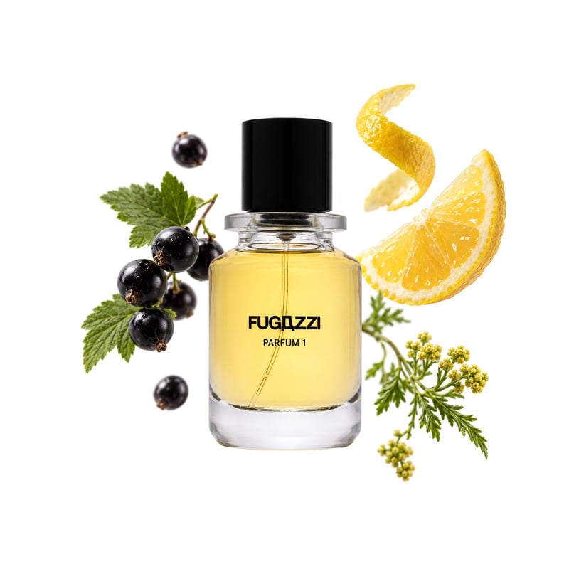 Parfum 1 by Fugazzi, bottle pictured with its key notes: Black Currant, Citruses and Davana