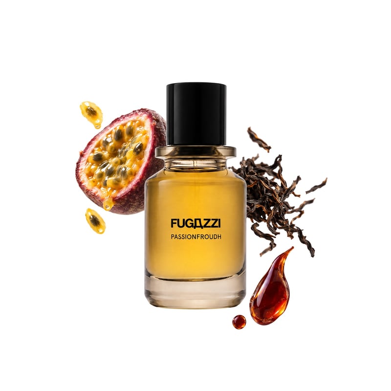 Passionfroudh by Fugazzi, bottle pictured with its key notes: Passionfruit, Black Tea and Gurjan Balsam