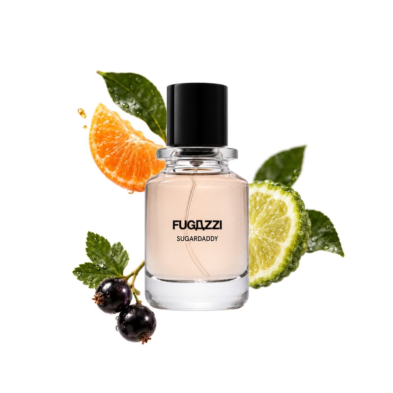 Sugardaddy by Fugazzi, bottle pictured with its key notes: Tangerine, Bergamot and Black Currant