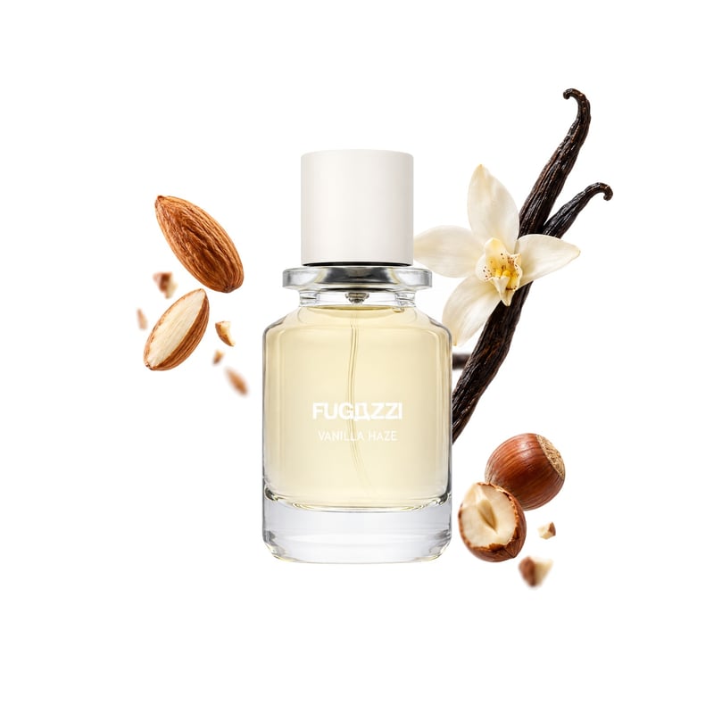 Vanilla Haze by Fugazzi, bottle pictured with its key notes: Almond, Hazelnut and Vanilla Pod
