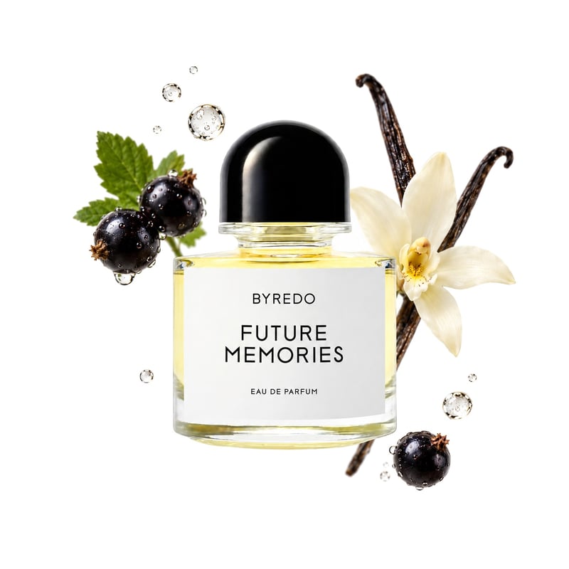 Future Memories by Byredo, bottle pictured with its key notes: Aldehydes, Blackcurrant and Vanilla