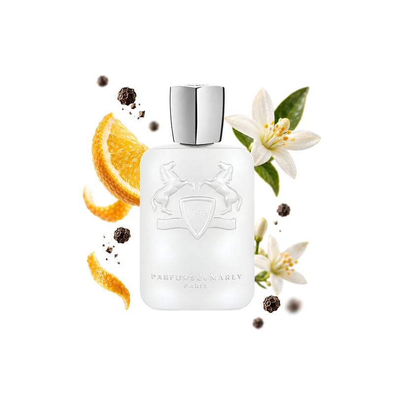 Galloway von Parfums de Marly, Flakon mit seinen Hauptnoten: Zitrusfrüchte, Pfeffer und Orangenblüte