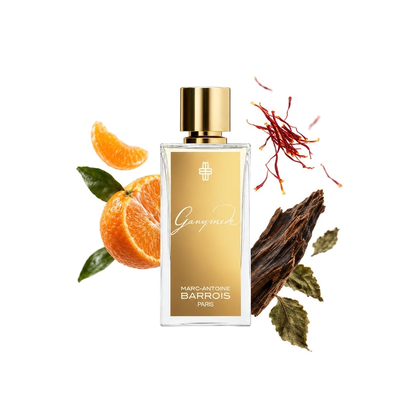 Ganymede by Marc-Antoine Barrois, bottle pictured with its key notes: Italian Mandarin, Saffron and Akigalawood