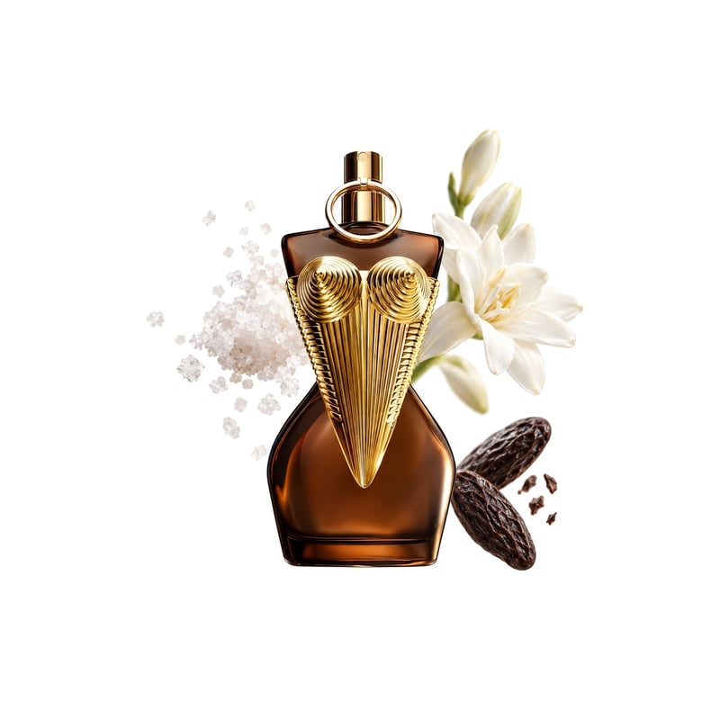 Gaultier Divine Elixir by Jean Paul Gaultier, bottle pictured with its key notes: Salt, Tuberose and Tonka Bean