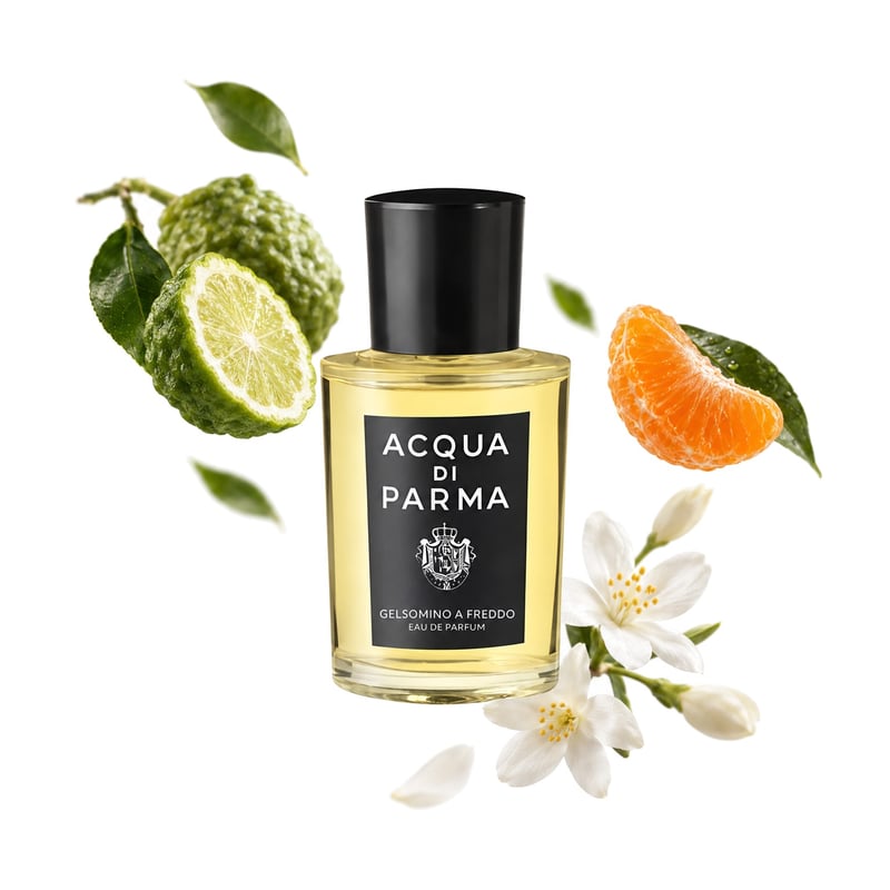 Gelsomino a Freddo by Acqua di Parma, bottle pictured with its key notes: Bergamot, Mandarin Orange and Jasmine