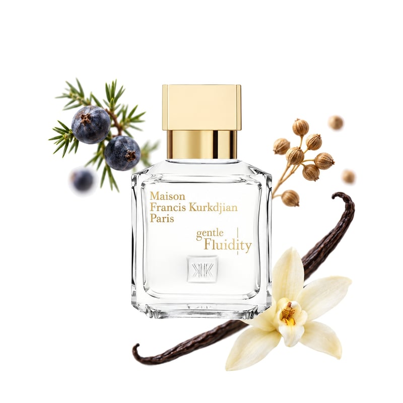 Gentle Fluidity Gold by Maison Francis Kurkdjian, bottle pictured with its key notes: Juniper Berries, Coriander and Vanilla