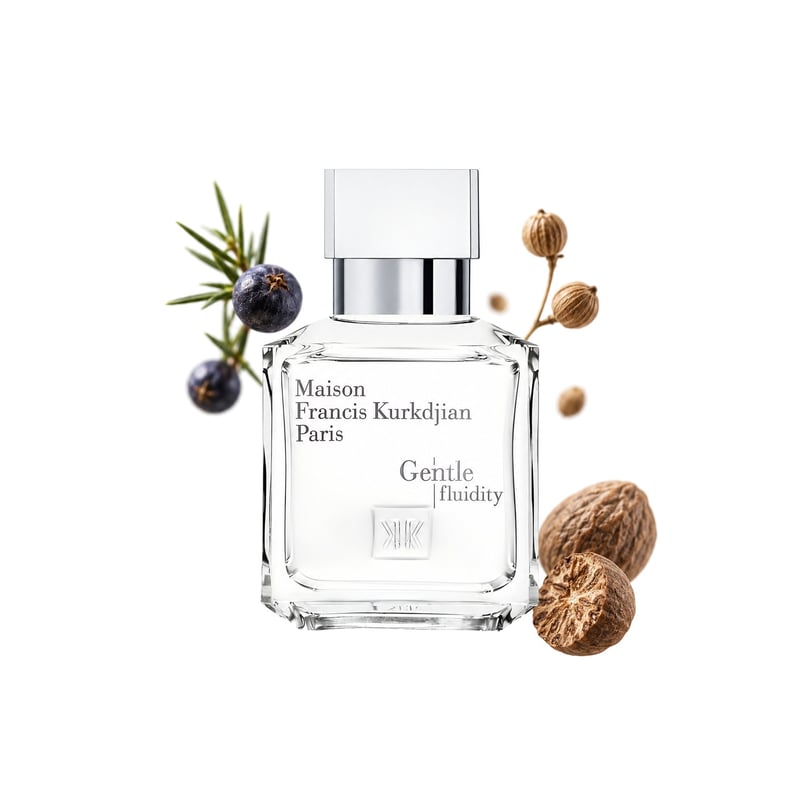 Gentle Fluidity Silver by Maison Francis Kurkdjian, bottle pictured with its key notes: Juniper Berries, Coriander and Nutmeg