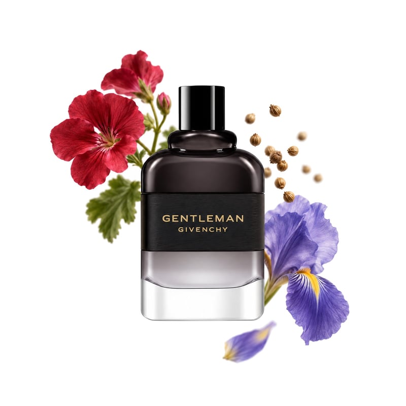 Gentleman Eau de Parfum Boisée by Givenchy, bottle pictured with its key notes: Geranium, Coriander and Iris