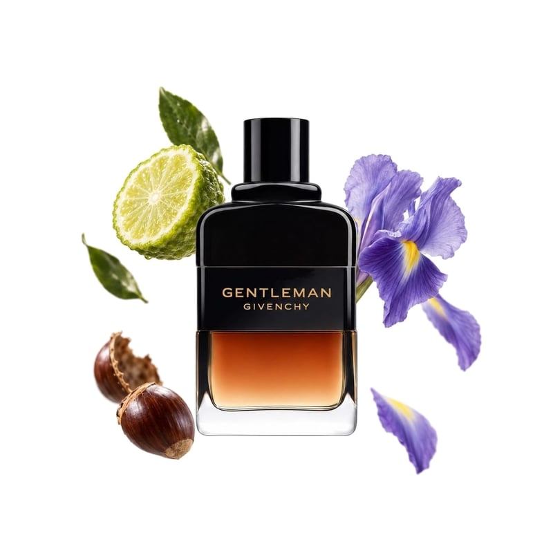 Gentleman Eau de Parfum Reserve Privée by Givenchy, bottle pictured with its key notes: Bergamot, Iris and Chestnut
