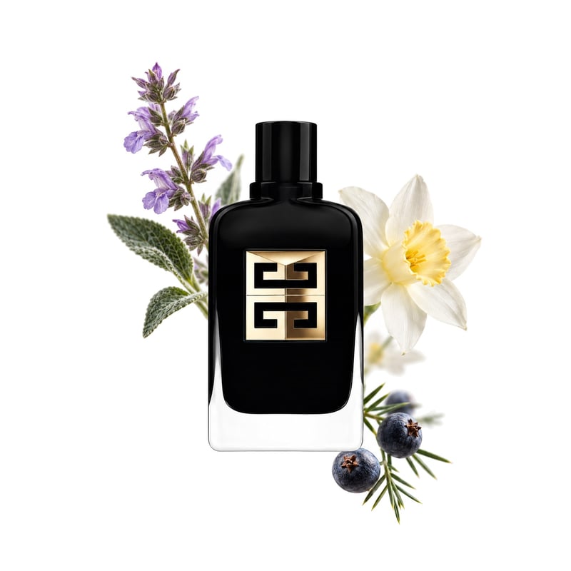 Gentleman Society Eau de Parfum Ambrée by Givenchy, bottle pictured with its key notes: Clary Sage, Juniper Berries and Narcissus