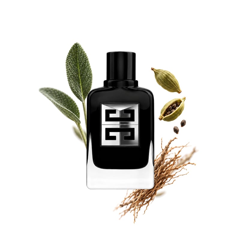 Gentleman Society by Givenchy, bottle pictured with its key notes: Sage, Cardamom and Haitian Vetiver