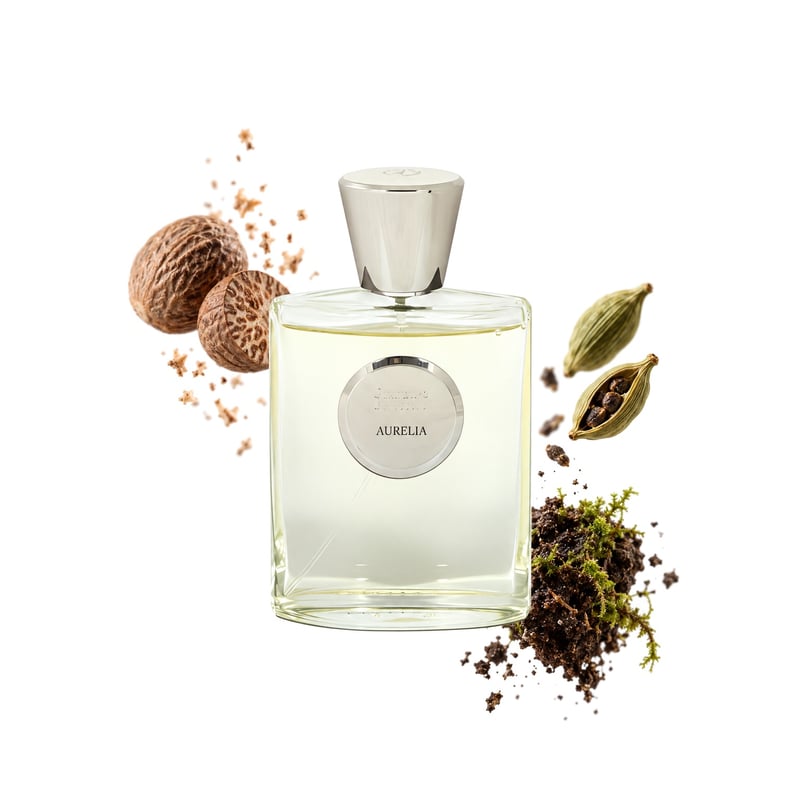 Aurelia di Giardino Benessere, flacone con le sue note principali: Noce moscata, Cardamomo e Note terrose