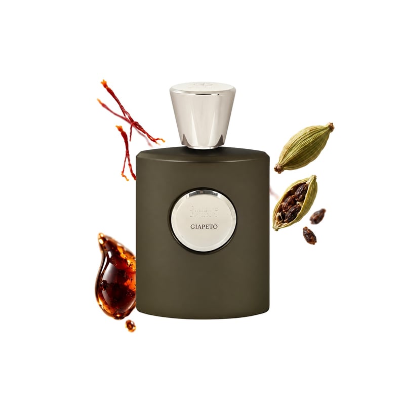 Giapeto by Giardino Benessere, bottle pictured with its key notes: Saffron, Guatemalan Cardamom and Gurjan Balsam