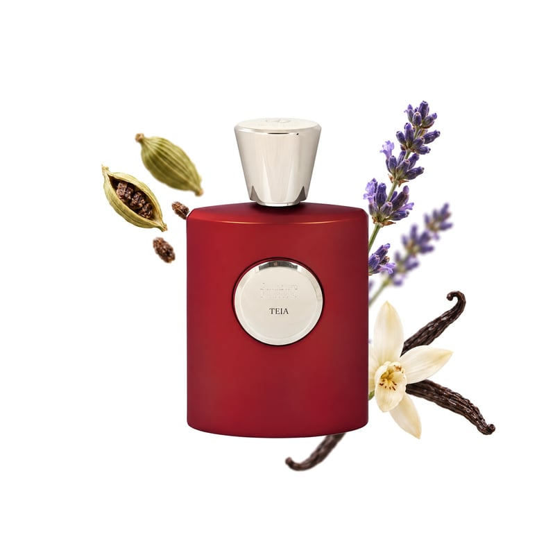 Teia von Giardino Benessere, Flakon mit seinen Hauptnoten: Guatemaltekischer Kardamom, Lavendel und Vanille