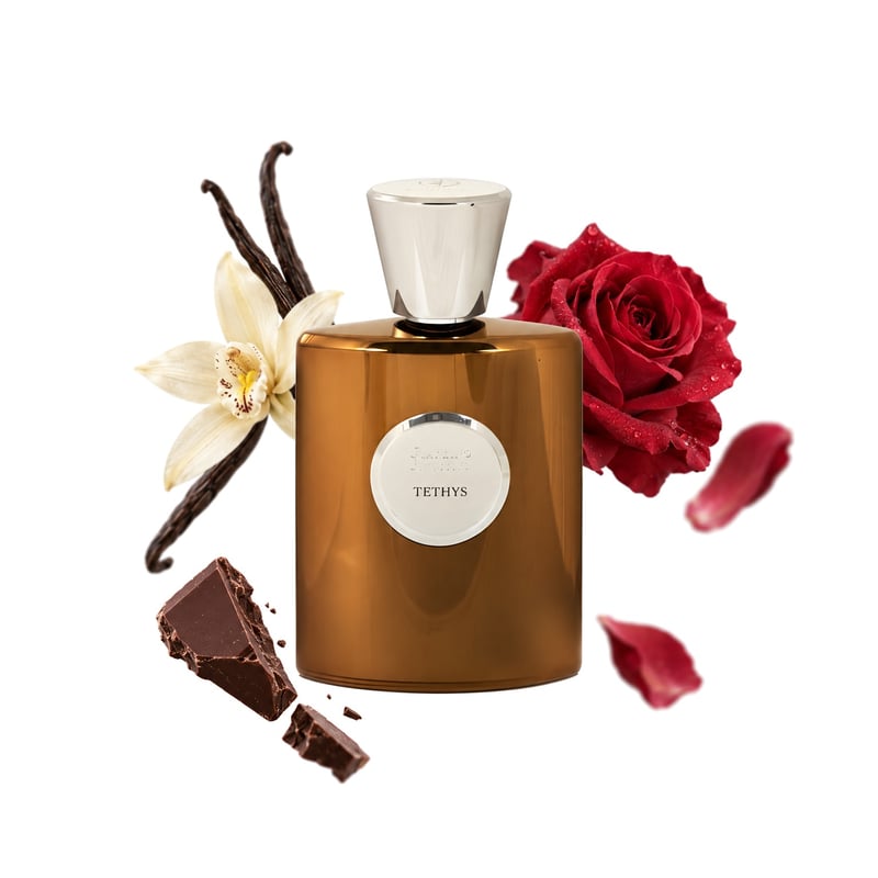 Tethys di Giardino Benessere, flacone con le sue note principali: Vaniglia, Cioccolato e Rosa di Damasco