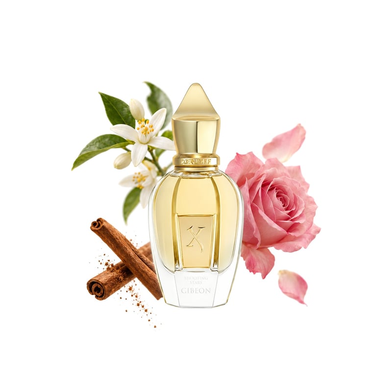 Gibeon by Xerjoff, bottle pictured with its key notes: Neroli, Cinnamon and Rose