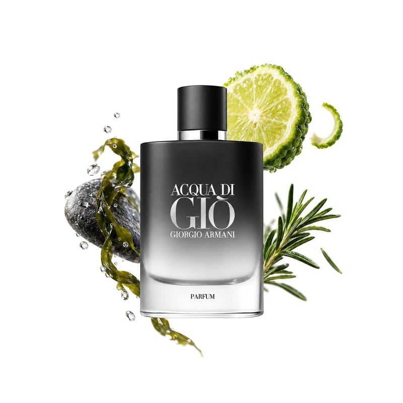 Acqua di Giò Parfum von Giorgio Armani, Flakon mit seinen Hauptnoten: Maritime Noten, Bergamotte und Rosmarin