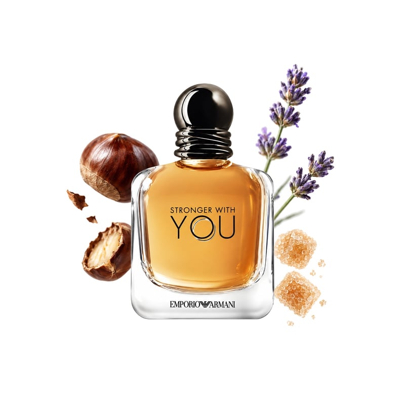 Emporio Armani Stronger With You fra Giorgio Armani, flaske afbildet med sine vigtigste duftnoter: Kastanje, Sukker og Lavendel