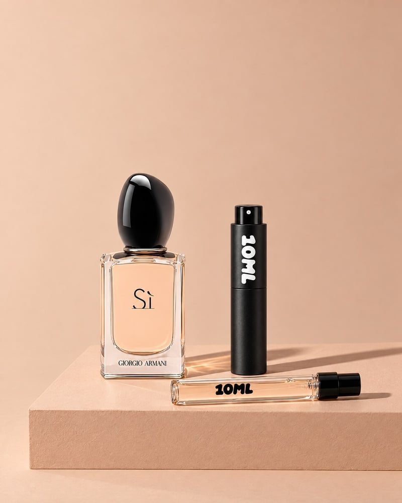 Giorgio Armani Si with a 10ML travel atomiser and a 10ML refill vial on a beige plinth