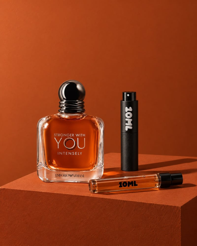 Giorgio Armani Stronger With You Intensely with a 10ML travel atomiser and a 10ML refill vial on an orange plinth