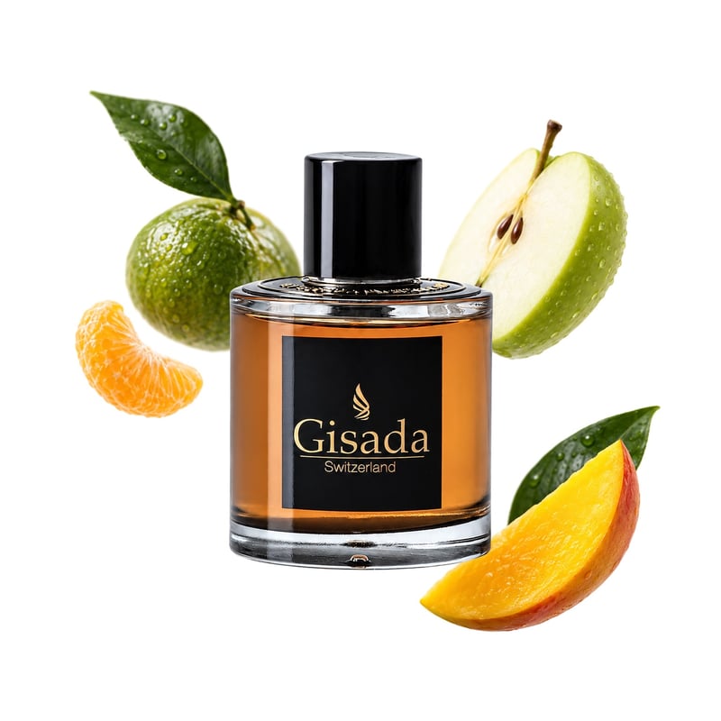 Ambassador Men fra Gisada, flaske afbildet med sine vigtigste duftnoter: Grøn mandarin, Æble og Mango