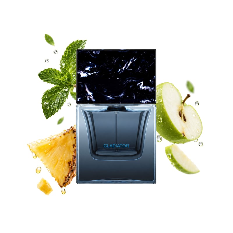 Gladiator Extrait by Sora Dora, bottle pictured with its key notes: Peppermint, Green Apple and Pineapple