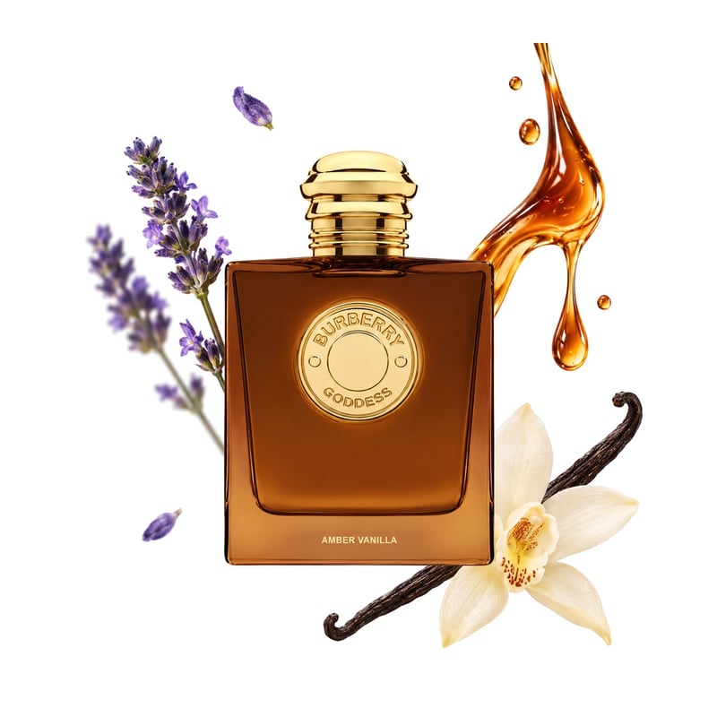 Goddess Amber Vanilla by Burberry, bottle pictured with its key notes: Lavender, Maple Syrup and Vanilla