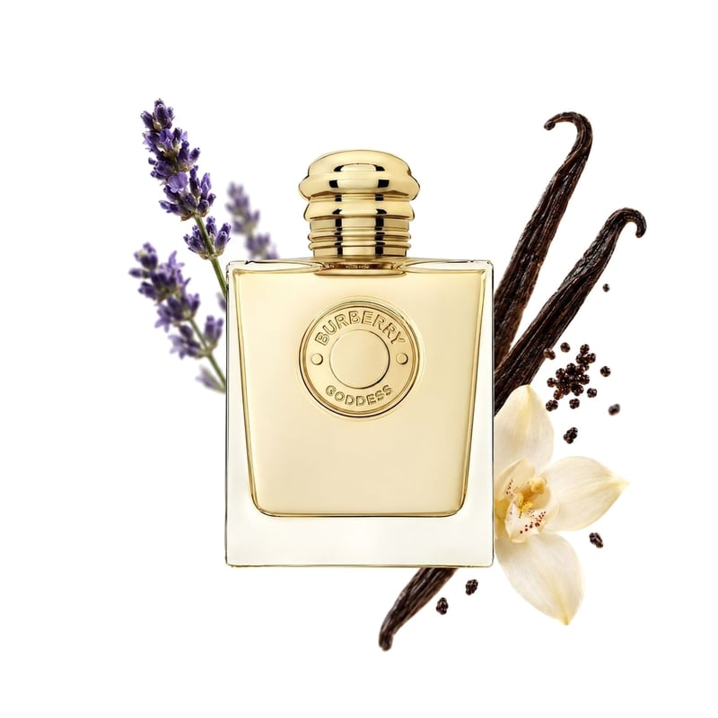 Goddess by Burberry, bottle pictured with its key notes: Vanilla, Lavender and Vanilla Caviar