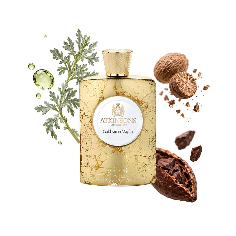 Gold Fair In Mayfair by Atkinsons, bottle pictured with its key notes: Absinthe, Nutmeg and Cacao