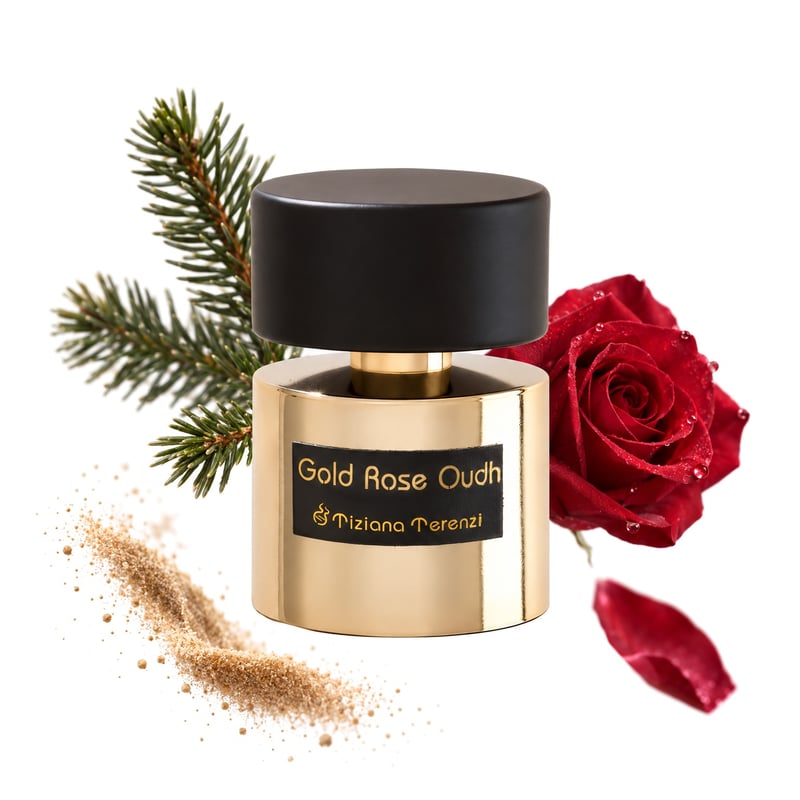 Gold Rose Oudh by Tiziana Terenzi, bottle pictured with its key notes: Fir, Sand and Rose