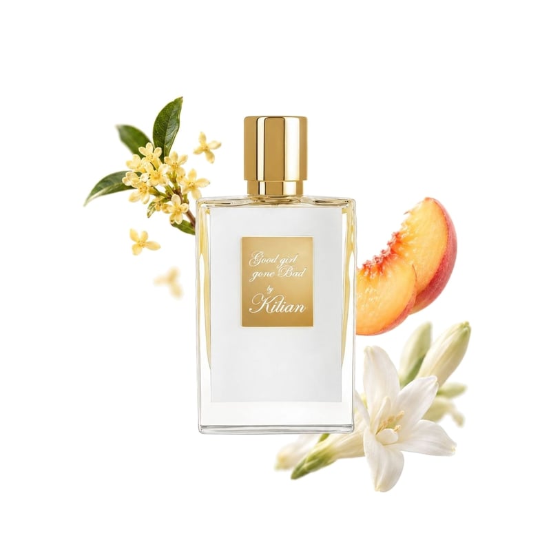 Good Girl Gone Bad by By Kilian, bottle pictured with its key notes: Osmanthus, Peach and Indian Tuberose